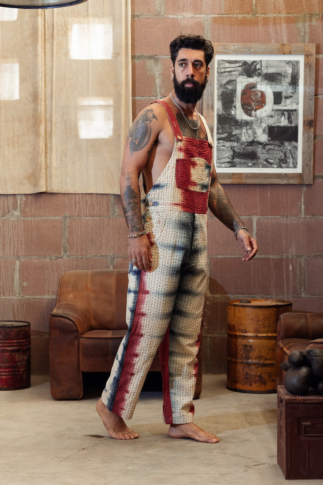 Kantha cotton tie-dye overall blue-red