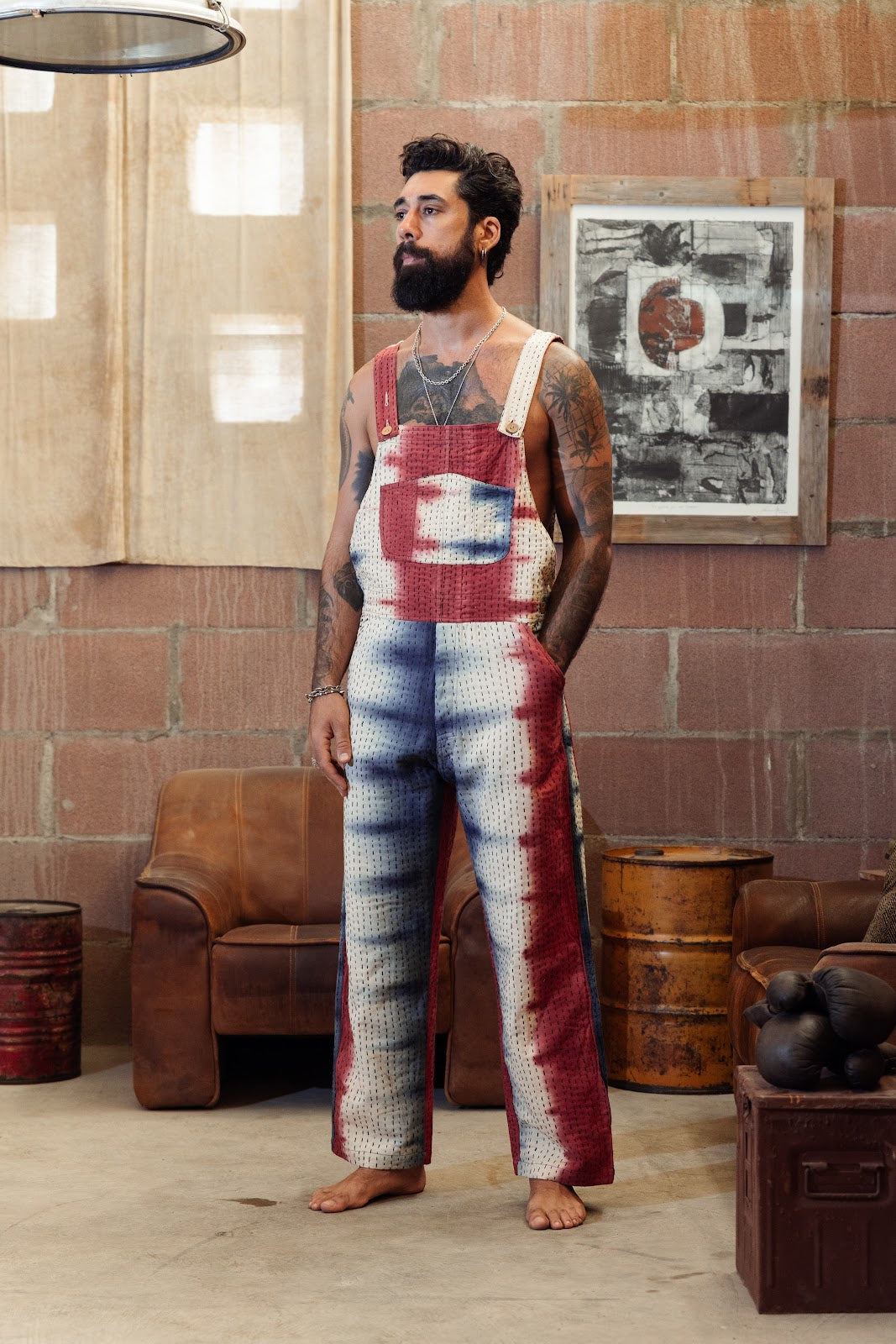 Kantha cotton tie-dye overall blue-red