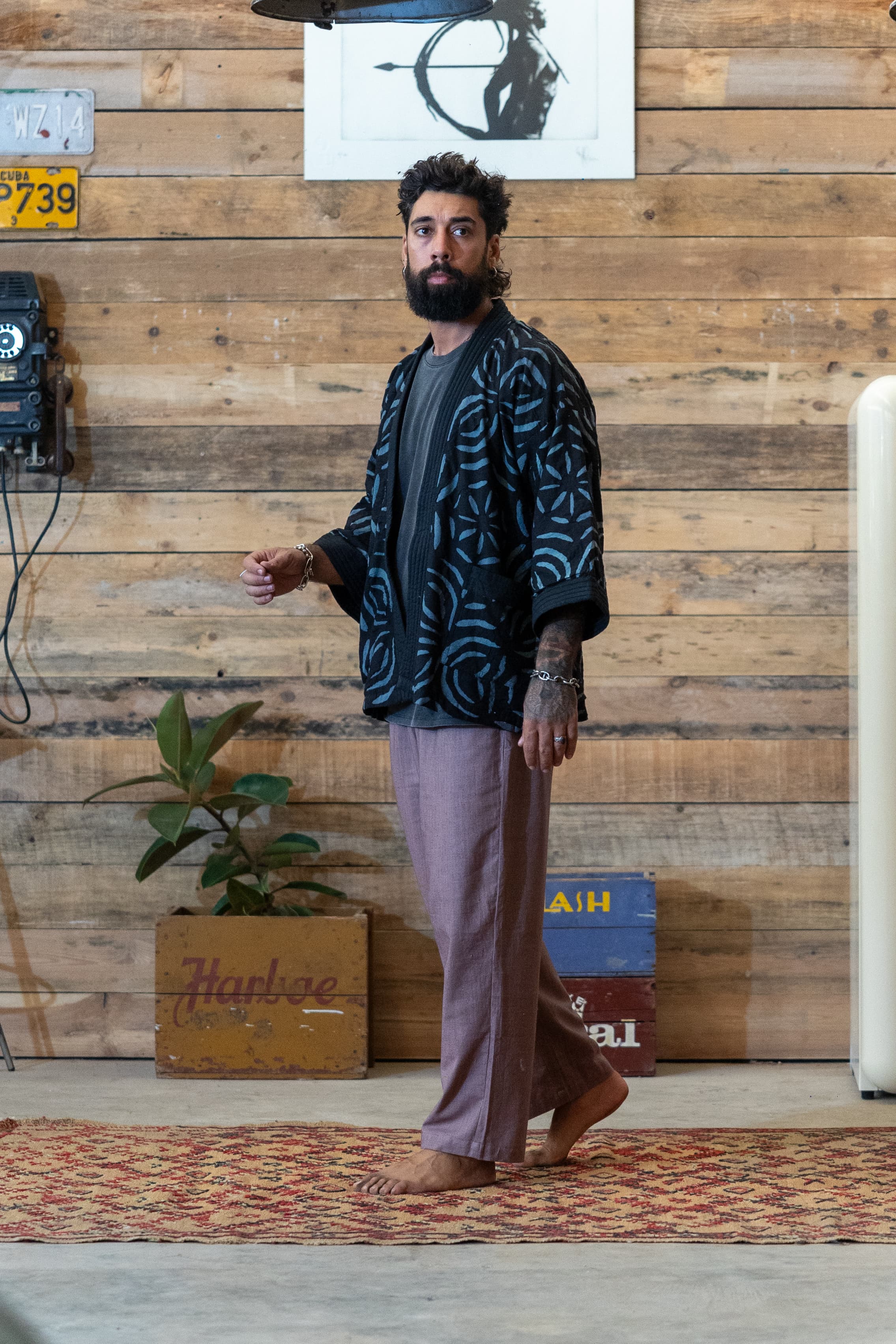 Applique Cotton kimono petrol blue 